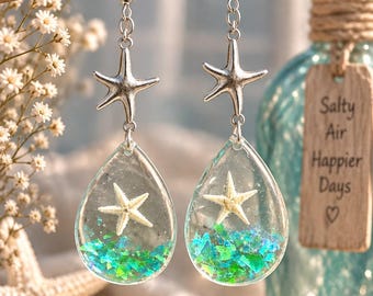 Resin Starfish Teardrop Earrings, Iridescent Blue Beach Dangle Jewelry
