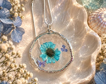 Blue Pressed Flower Resin Necklace, Whimsical Butterfly Pendant, Botanical Nature Jewelry