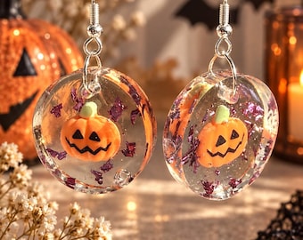 Handmade Resin Jack-o-Lantern Dangle Earrings, Purple Foil Halloween Jewelry