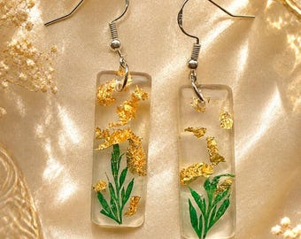 Gold leaf resin earrings, botanical and dangly