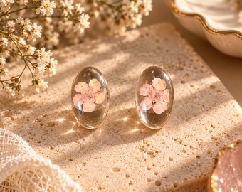 Handmade Pink Flower Resin Stud Earrings, Clear Floral Botanical Jewelry