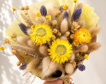 Ramo de flores secas "Noche estrellada" | Ramo bohemio hecho a mano en amarillo y azul | Decoración floral sostenible