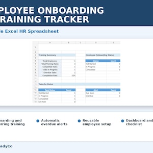 Könnte beinhalten: Eine Employee Onboarding & Training Tracker Tabellenkalkulationsvorlage. Das Dokument enthält Tabellen für Training Summary, Employee Onboarding Status und Tasks by Status mit blauen Kopfzeilen. Es umfasst Bereiche für Onboarding, wiederkehrende Schulungen, automatische Überfälligkeitswarnungen und ein Dashboard.