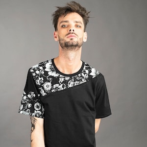 Mens futuristic asymmetrical 3 layered t shirt in black organic cotton with hand printed floral skull detail