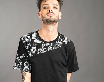 Mens futuristic asymmetrical 3 layered t shirt in black organic cotton with hand printed floral skull detail