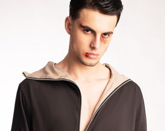Asymmetrical futuristic comfy zip hoodie with zipper pockets contrast lining and hem