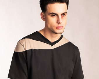 Mens cyber punk charcoal gray shirt with beige slanted accent in organic cotton