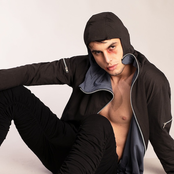 Mens unique asymmetrical zip front hoodie with zipper pockets contrast lining and hem