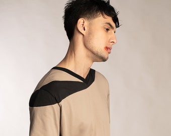 Mens minimalist beige shirt with charcoal gray asymmetrical accent in organic cotton