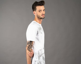 Mens futuristic patchwork style white organic cotton t shirt with hand printed tire tracks