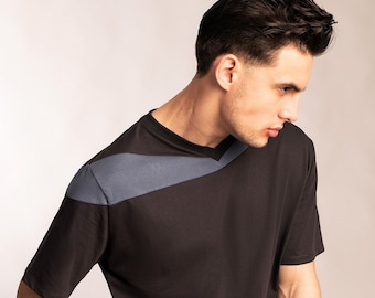 Mens futuristic charcoal gray shirt with blue asymmetrical accent in organic cotton