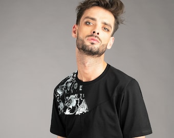 Mens cyber punk patchwork style organic cotton t shirt in black with hand printed floral skulls