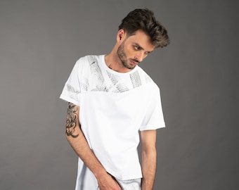 White mens cyberpunk asymmetrical 3 layered t shirt with hand printed tire track screen print