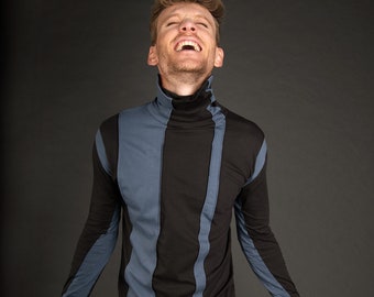 Leaven unique minimalist striped mens turtleneck shirt in blue and gray by BLKGLOW