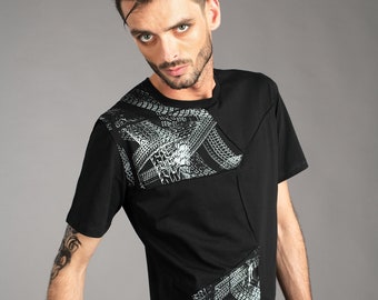 Mens post apocalyptic patchwork style black organic cotton t shirt with hand printed tire track