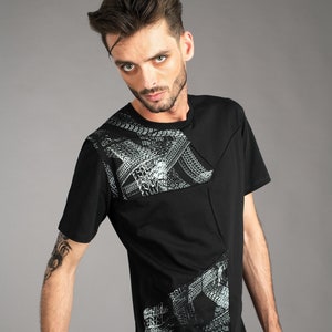 Mens post apocalyptic patchwork style black organic cotton t shirt with hand printed tire track