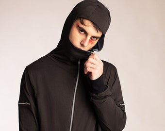 Asymmetrical futuristic comfy zip hoodie with zipper pockets contrast lining and hem