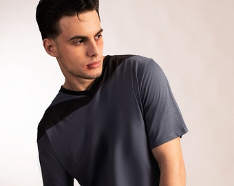 Mens asymmetrical futuristic blue shirt with charcoal gray accent from organic cotton