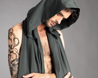 Mens cyber punk gray hooded scarf with pockets