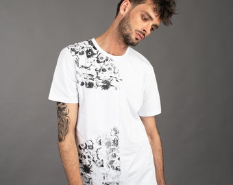 Mens cyber punk patchwork white organic cotton t shirt with hand printed floral skulls