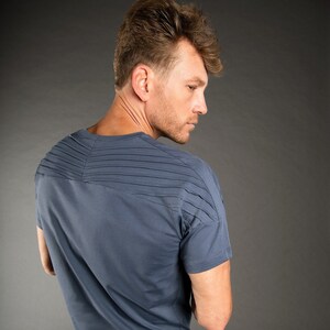 Quentin cyber punk futuristic mens t shirt with shoulder stripes in Blue by BLKGLOW