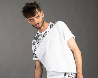 Mens white post apocalyptic asymmetrical triple layered t shirt with hand printed floral skull screenprint