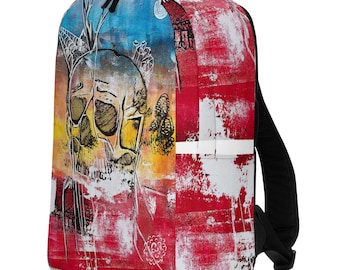 BLKGLOW minimalist backpack featuring original decaying rainbow skull illustration