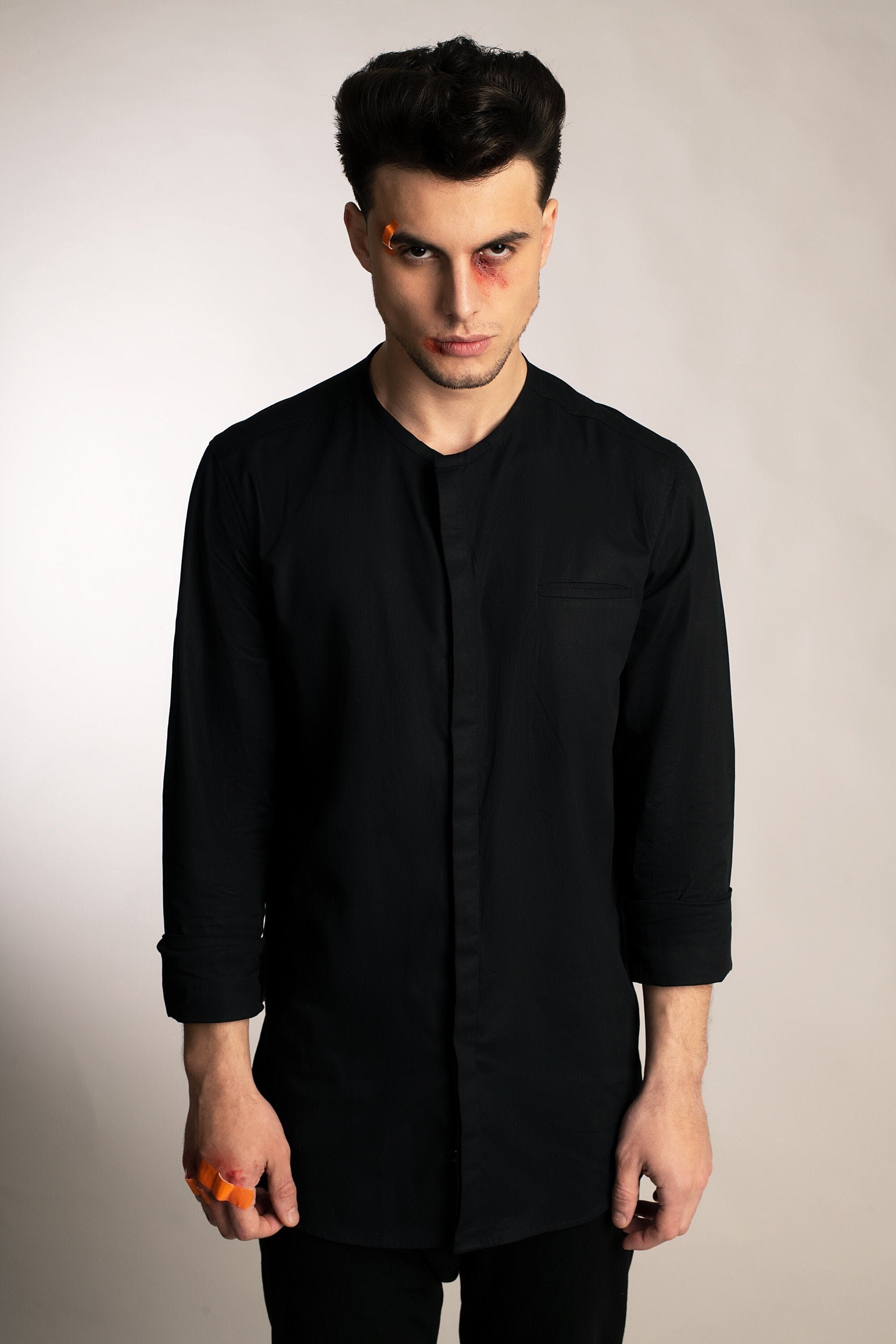 Mens collarless black organic cotton ...