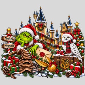 Grinch Visits Hogwarts Harry Potter Wizard Castle Christmas Holidays Shirt Design PNG (Digital Download)