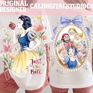 May include: A white t-shirt featuring a graphic of a character with black hair, a blue bodice, and a yellow skirt holding a red apple with the text Just One Bite. The back shows the same character taking a selfie with seven small bearded figures.