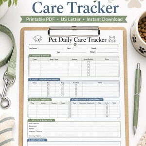 May include: A Pet Daily Care Tracker printable PDF on a clipboard. The form includes sections for feeding, water, potty breaks, walks, exercise, medication, supplements, health, behavior, and daily notes, with icons of a dog and a cat at the top.