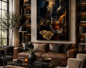 Jazz Whiskey Wall Art, Moody Saxophone Print, Speakeasy Bar Decor, Masculine Wall Art, Game Room Art, Vintage Cocktail Poster