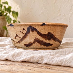 Vintage Studio Pottery Bowl, Signed Dated 1980, Earthy Brown Mountain Design, Rustic Stoneware Decor