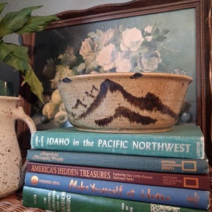 Vintage Studio Pottery Bowl, Signed Dated 1980, Earthy Brown Mountain Design, Rustic Stoneware Decor
