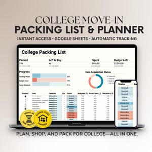 May include: A digital college move-in packing list and planner displayed on a laptop and smartphone screen. The interface features progress bars, a pie chart, and a detailed table tracking items, categories, quantities, status, and budget in dollars.