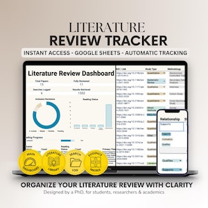 Op de afbeelding: Een digitale literatuuronderzoek-tracker weergegeven op een laptop- en smartphonescherm. De interface bevat een dashboard met grafieken, een onderzoekslogboek en een methodologiematrix. Tekst omvat Literature Review Tracker, Literature Review Dashboard en Relationship.