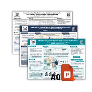 May include: A stack of three academic research posters featuring a university logo, sections for introduction, methods, results, and discussion, and a central brain illustration on the front poster, accompanied by an A0 and PowerPoint icon.