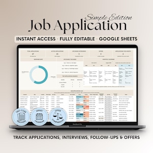 May include: A laptop screen displaying a Job Application Simple Edition Google Sheets template. The dashboard features metrics, a monthly calendar, and a job application log. Three circular icons labelled Two Core Trackers, Smart Calendar, and Offer Comparison are overlaid at the bottom.