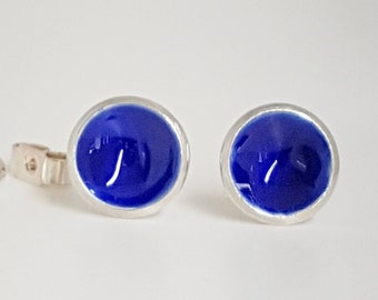 Blue enamelled sterling silver post earrings