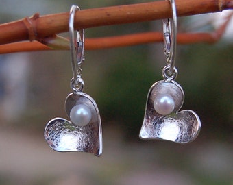 Heart Pearl Earrings Sterling Silver Pearl Heart Earrings  Wedding Bridesmaid Pearl Jewellery Handmade Contemporary Dangling Earrings