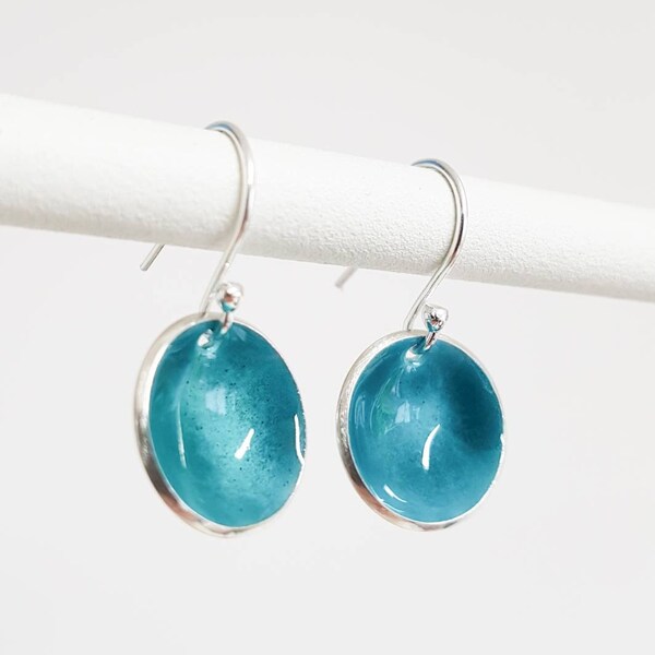 Turquoise Enamel Sterling Silver Earrings  Dangle Drop Earrings Enamel Jewellery Glass Jewelry Gift For Her Birthday Present  Handmade