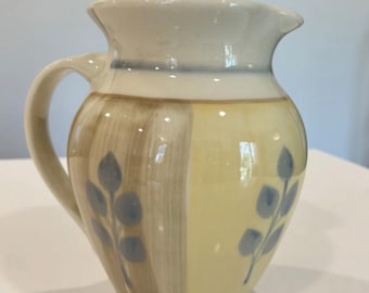 Hartstone Pottery Stoneware Pitcher Blue Leaf Pattern Vintage 1980s Farmhouse Decor