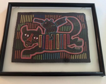 Vintage Kuna Mola Textile Art Tiger Bird Panama Hand Sewn Folk Art Framed 1970s