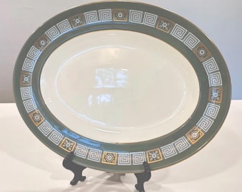 Vintage Wedgwood Asia Green 14” Oval Serving Platter Bone China Greek Key England