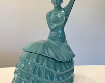 Fiesta Dancing Lady Cookie Jar, Turquoise Homer Laughlin Fiestaware, Rare Ceramic Kitchen Collectible