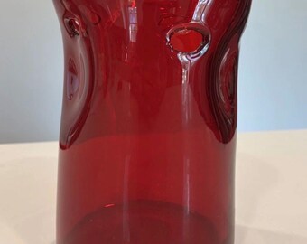 Vintage Ruby Red Art Glass Vase Mid Century Controlled Bubble Optic Dimpled Pierced Design
