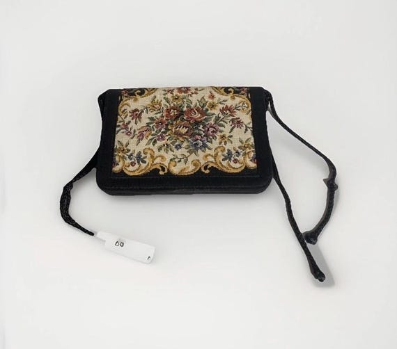 Antique Magid Tapestry Floral Style Small Envelope Purse Black Needlework