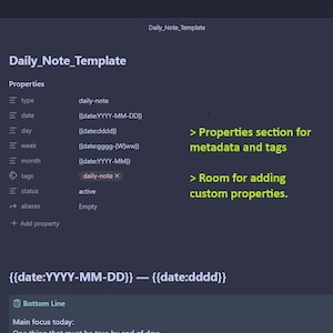 May include: A digital daily note template on a dark background featuring a properties section with fields for type, date, day, week, month, tags, status, and aliases. The text includes Daily_Note_Template, metadata labels, and placeholders like {{date:YYYY-MM-DD}}.