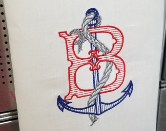 Embroidered Nautical Single Letter Monogrammed Linen Guest Towel
