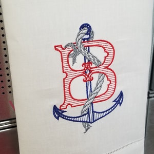 Embroidered Nautical Single Letter Monogrammed Linen Guest Towel Linen